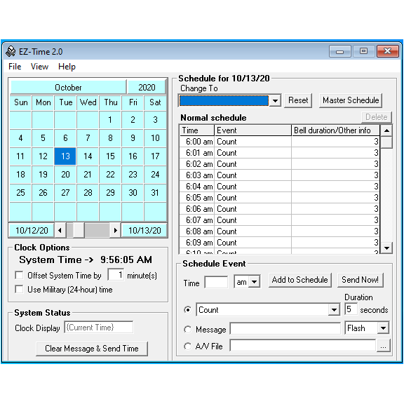 (EZ-Time) Computer Controlled Master Clock and Bell Scheduler, PC Based Computer Software, Windows 10 Compatible